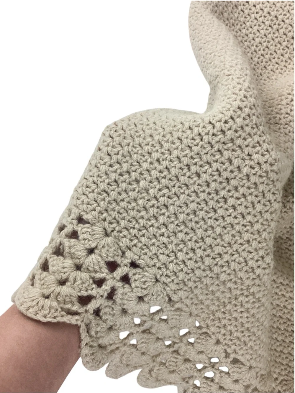 DKNY 100% Lambswool Knit Skirt Size M Tan Crochet Scallop Hem Drawcord